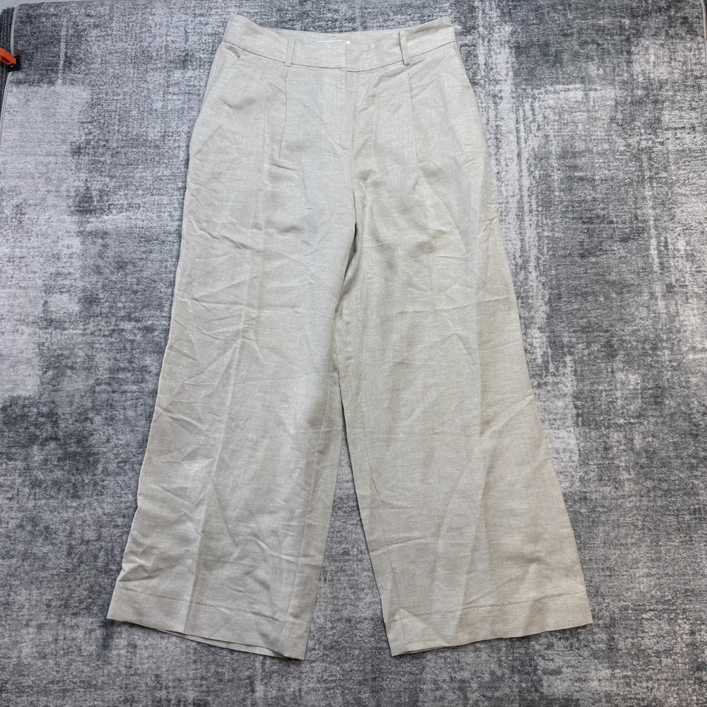 LOFT Pants Women 10 Beige Curvy Linen Peyton Trouser Wide Leg Pleat Quiet Luxury